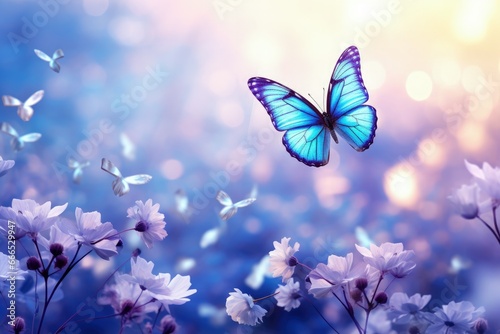 Dreamy spring background with blue butterfly and anemone flowers in forest Elegant harmony of nature