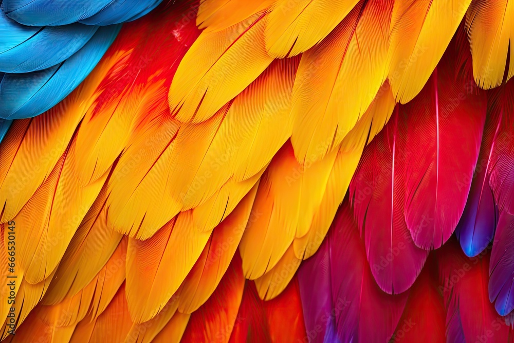 Fototapeta premium Feathers of a Scarlet macaw bird showcasing hues of red yellow orange and blue against a vibrant backdrop with a unique texture
