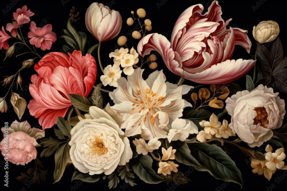Floral illustration in baroque style featuring vintage peonies tulips lilies and hydrangeas on a black background - obrazy, fototapety, plakaty 