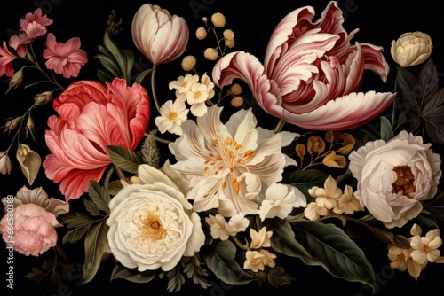 Floral illustration in baroque style featuring vintage peonies tulips lilies and hydrangeas on a black background © VolumeThings