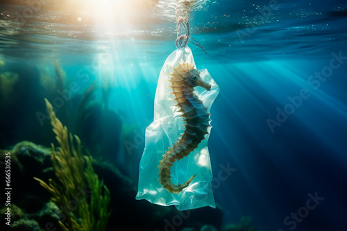 Generative AI illustration of wild seahorse in transparent plastic bag swimming underwater representing concept of environmental pollution photo