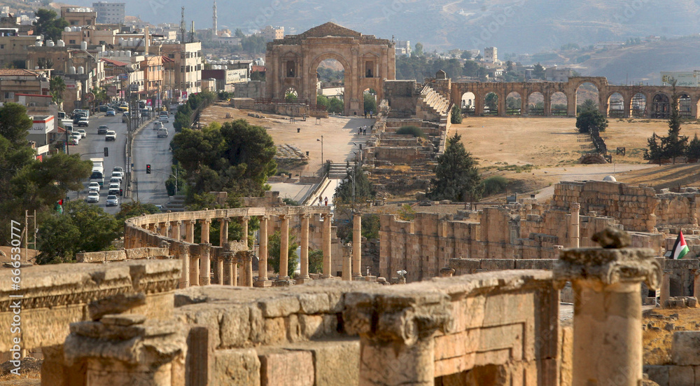 Various monuments in the ancient city of Jerash, which is located in northern Jordan and is considered one of the ten important cities of the Decapolis among the cities of the Roman state, and in vari