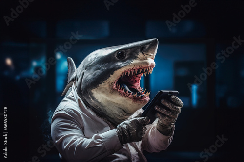 Generative AI illustration of side view of shark in elegant clothes with opened mouth while browsing smartphone against with blurred background at night photo