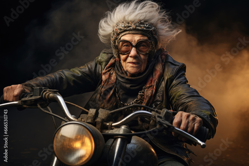 Senor old woman on a motorcycle in a leather jacket, cool granny biker