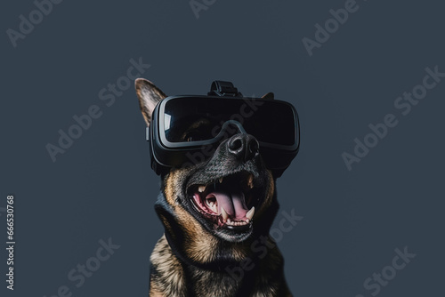 Generative AI illustration of portrait of cool dog in black virtual reality glasses with opened mouth on blue background photo