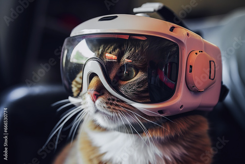 Generative AI illustration of portrait of cool cat in transparent virtual reality glasses on blurred background while looking away