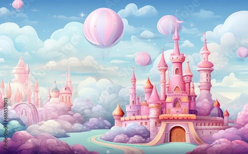 Cute pattern background, beautiful colors, sweet castle.