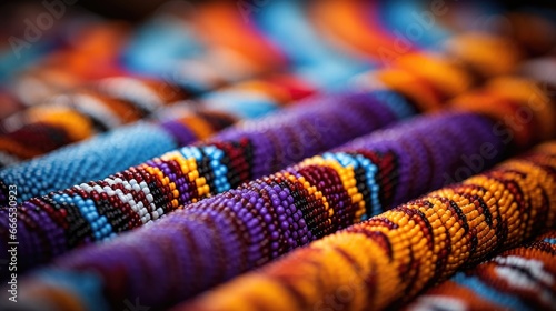 Close-up shot of intricate Native American beadwork in vibrant colors 