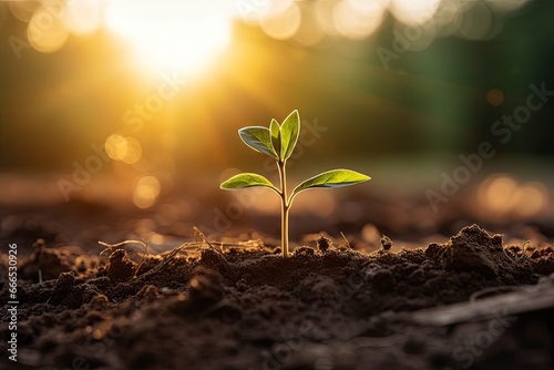 Global warming is reflected in seedlings growing in dry soil with morning sun