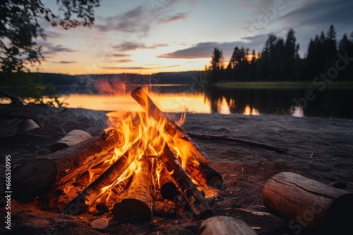 Gorgeous firewood burning at a riverside campsite in the evening forest