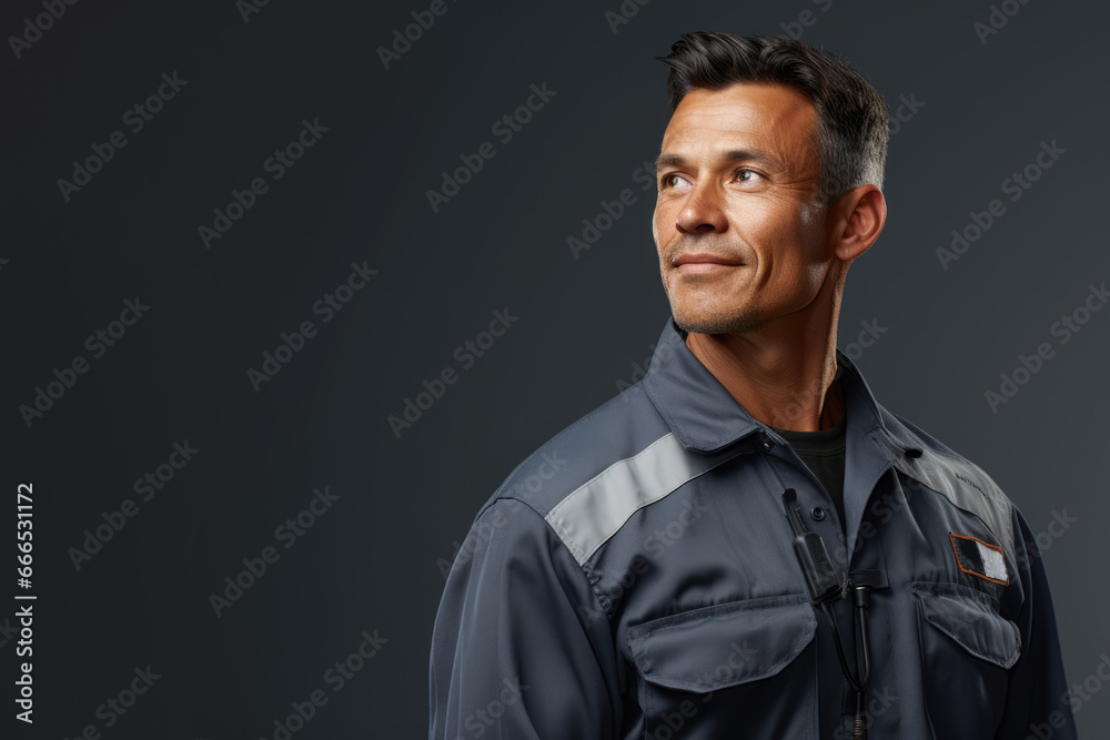 Portrait of workerman, repairman in uniform on a gray background. Copy space for text Portrait of workerman, repairman in uniform on a gray background. Copy space for text