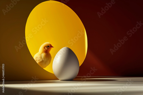 generative AI of Chick beside an egg with yellow oval backdrop photo