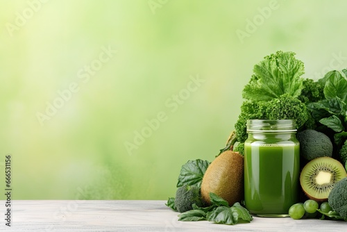 Green health smoothie in glass jar mugs with fresh fruits and vegetables Raw vegan alkaline food concept Banner photo