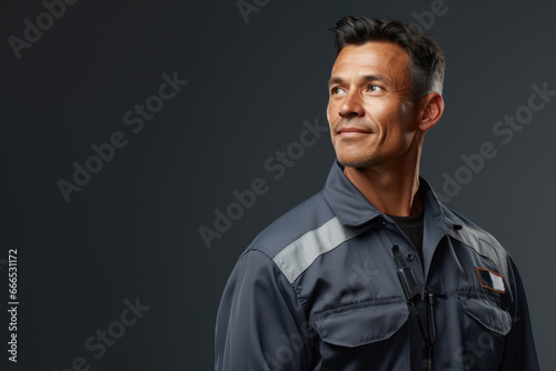 Portrait of workerman, repairman in uniform on a gray background. Copy space for text