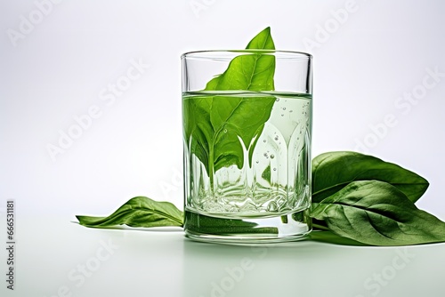 Green leaf and chlorophyll extract in glass of water against white grey background Implying superfood healthy eating detox and diet photo