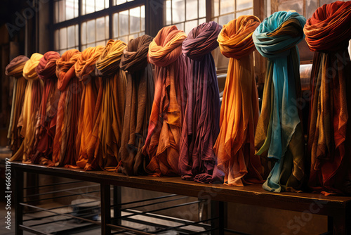 Bright colored female scarfs and shawl in the store photo