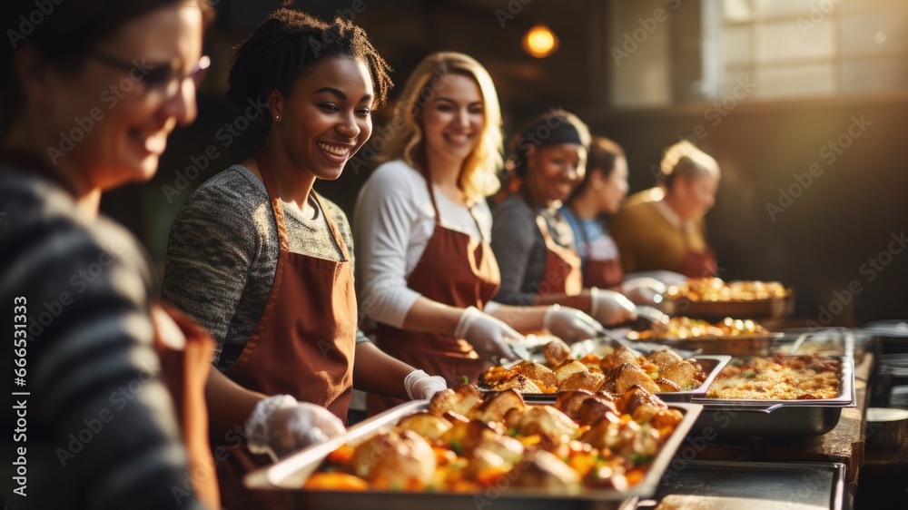 Group of volunteers serving food to homeless youth background with empty space for text 