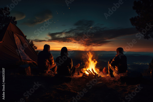 Night summer camping in the mountains, silhouettes of tourists near the fire