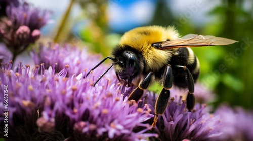 A close-up of a bumblebee perched on a bed of purple wildflowers, its fuzzy body and striped abdomen detailed and realistic.