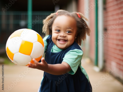 Obraz na płótnie A child with Down syndrome plays with a leather ball w salonie