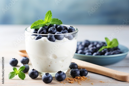 Healthy breakfast with yogurt and blueberries A long banner format for super food vegetarian and vegan options photo