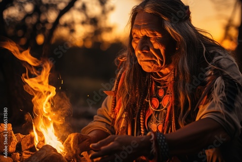 Native American elder narrating tribal tales around a crackling fire at dusk 