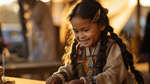 Young Native American child in authentic attire learning ancestral crafts 