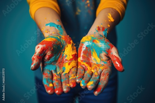 Young hands creating expressive art isolated on a vibrant gradient background 