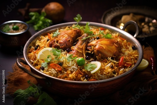 Indian Hyderabadi biryani with spicy flying chicken