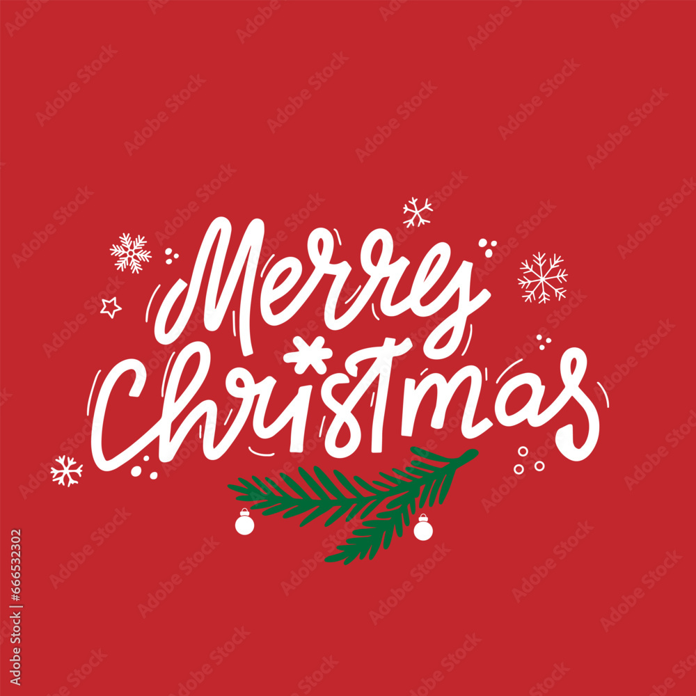 Hand drawn quote Merry Christmas on red background. Winter lettering Merry Christmas witn snowflakes and branch for banner, card, poster, calendar. Hand drawn quote Merry Christmas on red background. Winter lettering Merry Christmas witn snowflakes and branch for banner, card, poster, calendar.