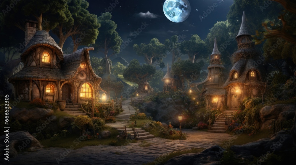 Obraz premium Illustration of path leading to a fairytale village and the trees are tall and majestic, Generative AI