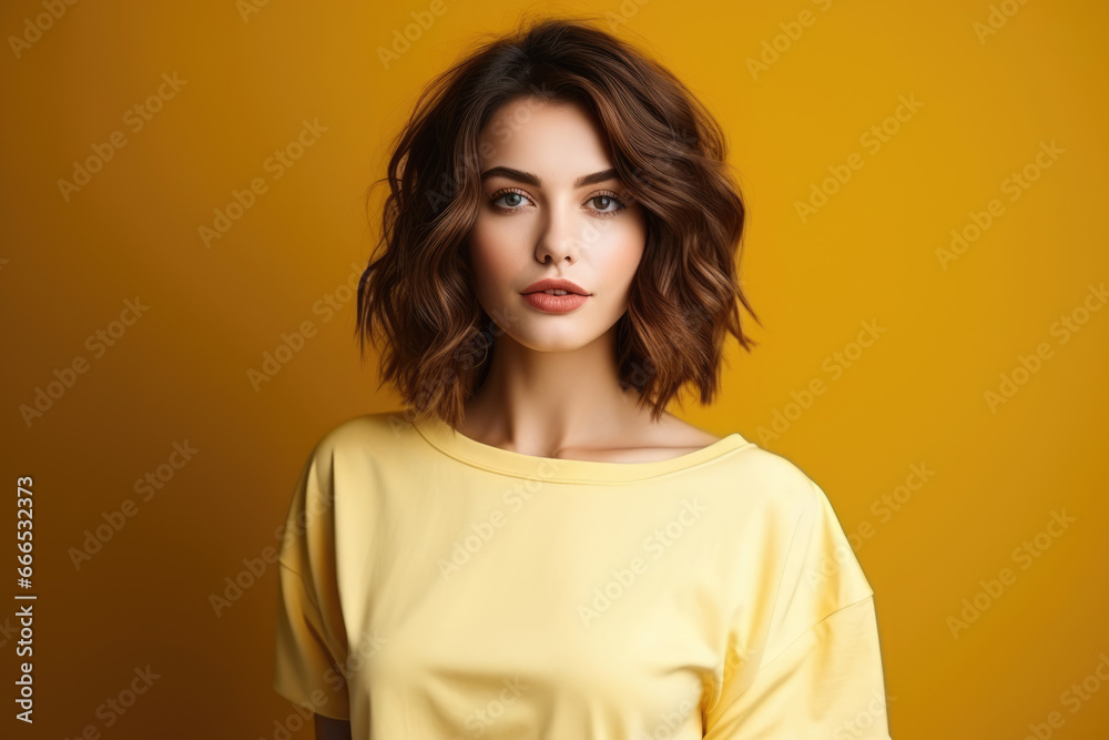 Beautiful Girl in a yellow T-shirt on a yellow background Beautiful Girl in a yellow T-shirt on a yellow background