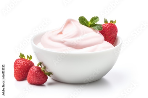 Isolated white background with a bowl of pink cream