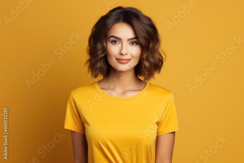 Beautiful Girl in a yellow T-shirt on a yellow background