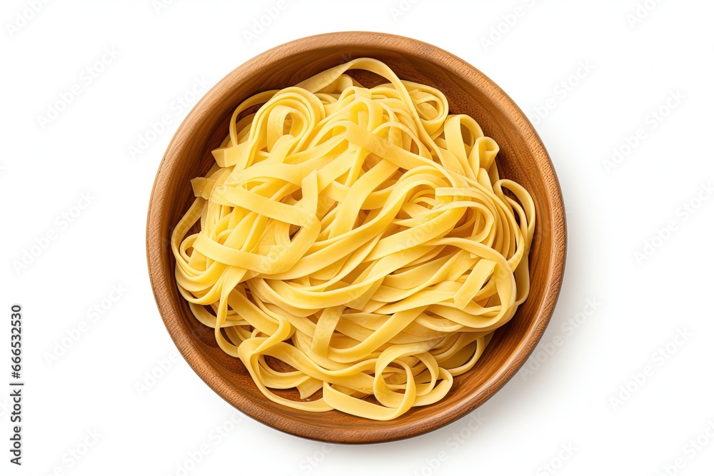 Italian pasta in wooden bowl isolated on white background Italian pasta in wooden bowl isolated on white background
