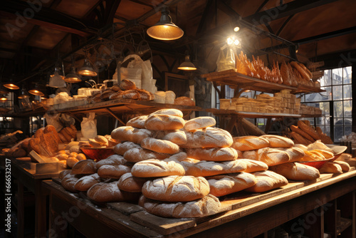 Assorted pastry and bread on the shelves in a bakery shop
