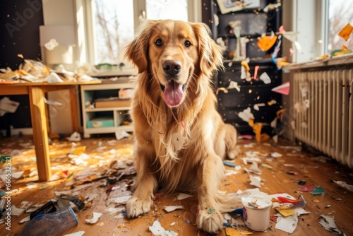 Golden Retriever portrait against the backdrop of a mess at home , Generative AI