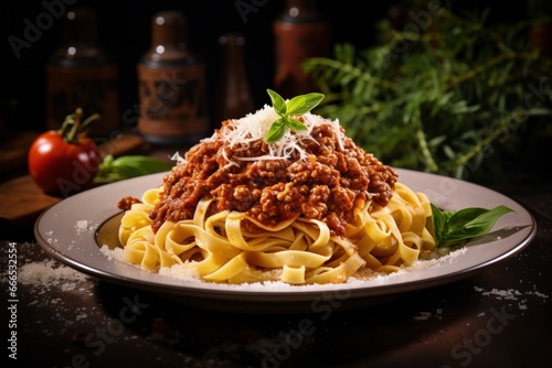 Italian pasta with meat Bolognese sauce topped with extra hard cheese captured at a high angle