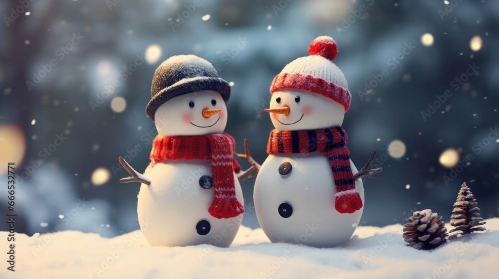Illustration of Merry christmas and happy new year greeting card with happy snowman standing in christmas landscape.