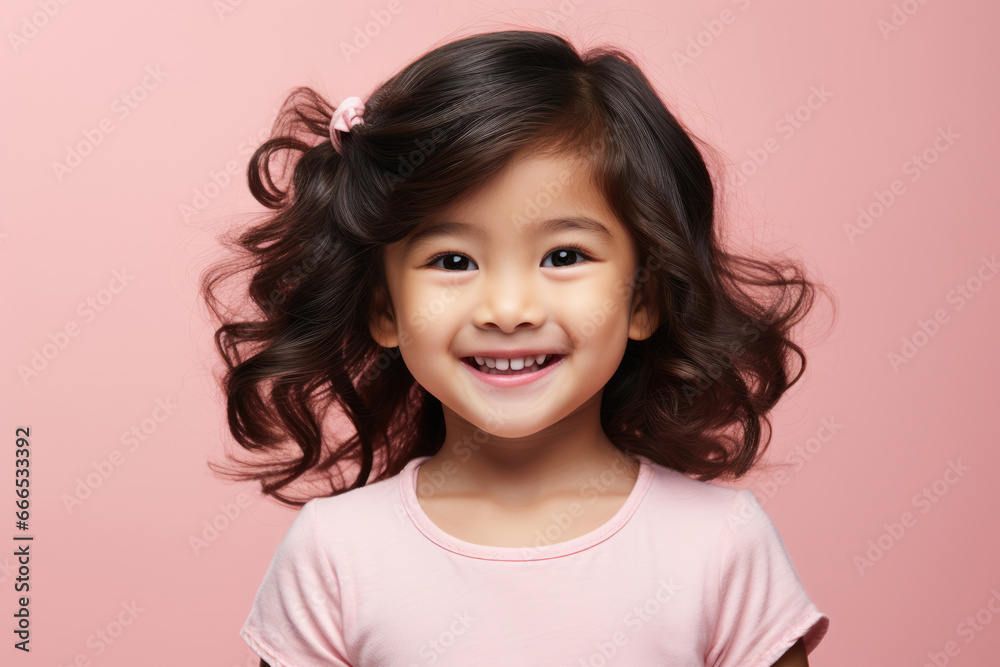 Healthy happy funny smiling face of a little Asian girl on a pink background Healthy happy funny smiling face of a little Asian girl on a pink background