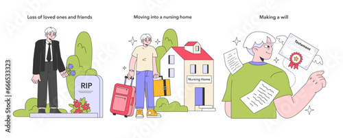 Senior life milestones set. Getting old and maturing, retirement and spending