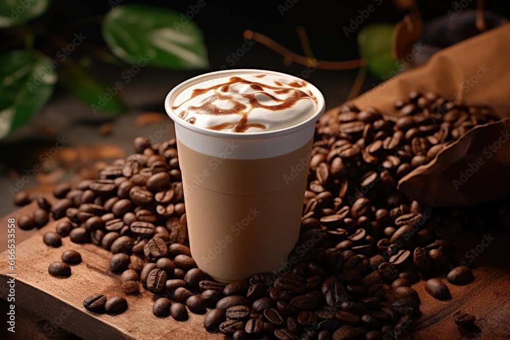 Latte and coffee beans on wooden table with paper cup Latte and coffee beans on wooden table with paper cup