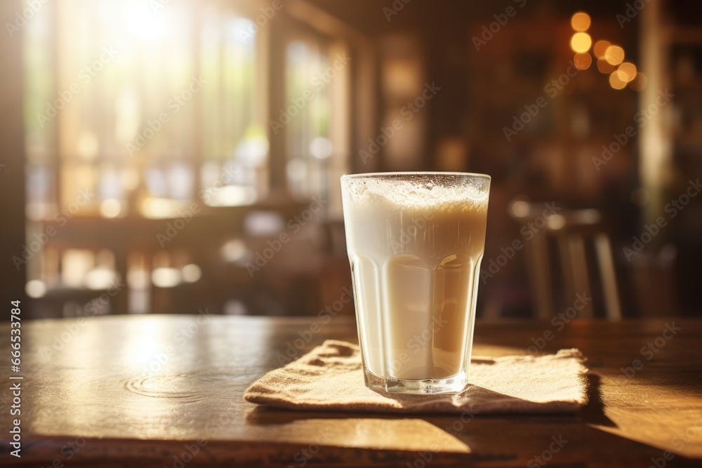A creamy glass of malted milk highlighted by the gentle sun rays on a quaint cafe table - obrazy, fototapety, plakaty 