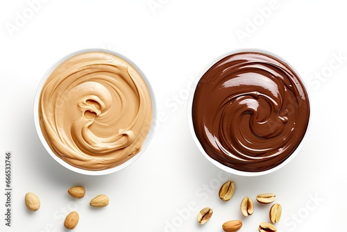 Melted chocolate hazelnut cream and peanut butter on white background viewed from the top