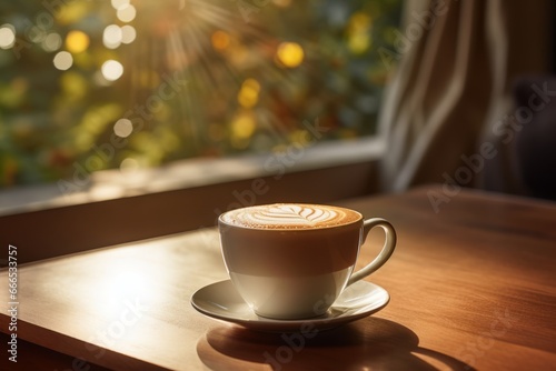 The first light of day illuminating a freshly brewed Vanilla Bean Latte on an aged wooden surface