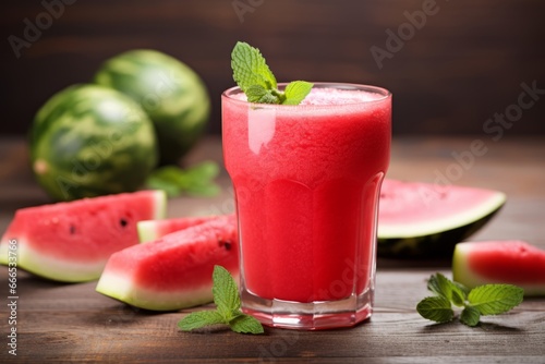Cool Glass of Watermelon Mint Juice Served with Fresh Mint Leaves on a Sunny Day