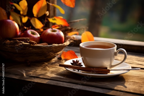 The Comforting Aroma of Apple Cinnamon Tea Served in a Delicate Cup on a Vintage Wooden Table with Natural Morning Light