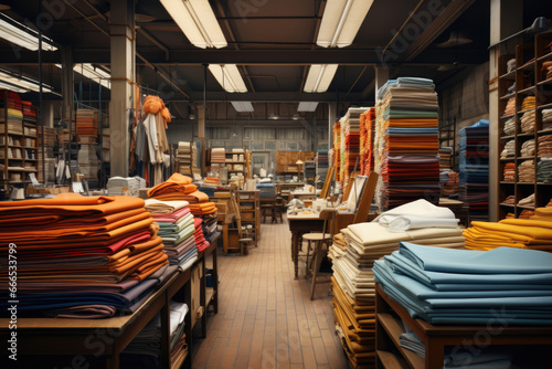 Multi-colored fabrics in a fabric store photo
