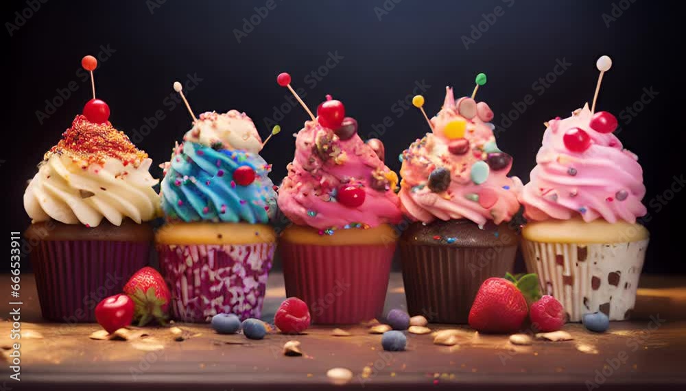 Colorful cupcakes with berries and candies on a dark background.