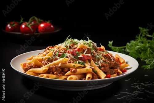 Pasta with meat veggies in tomato sauce